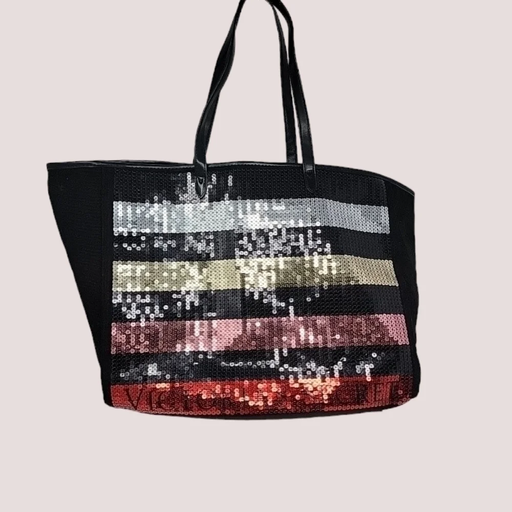 Victoria's Secret Sequined Spellout Logo Striped on Black Large Tote Bag T16
